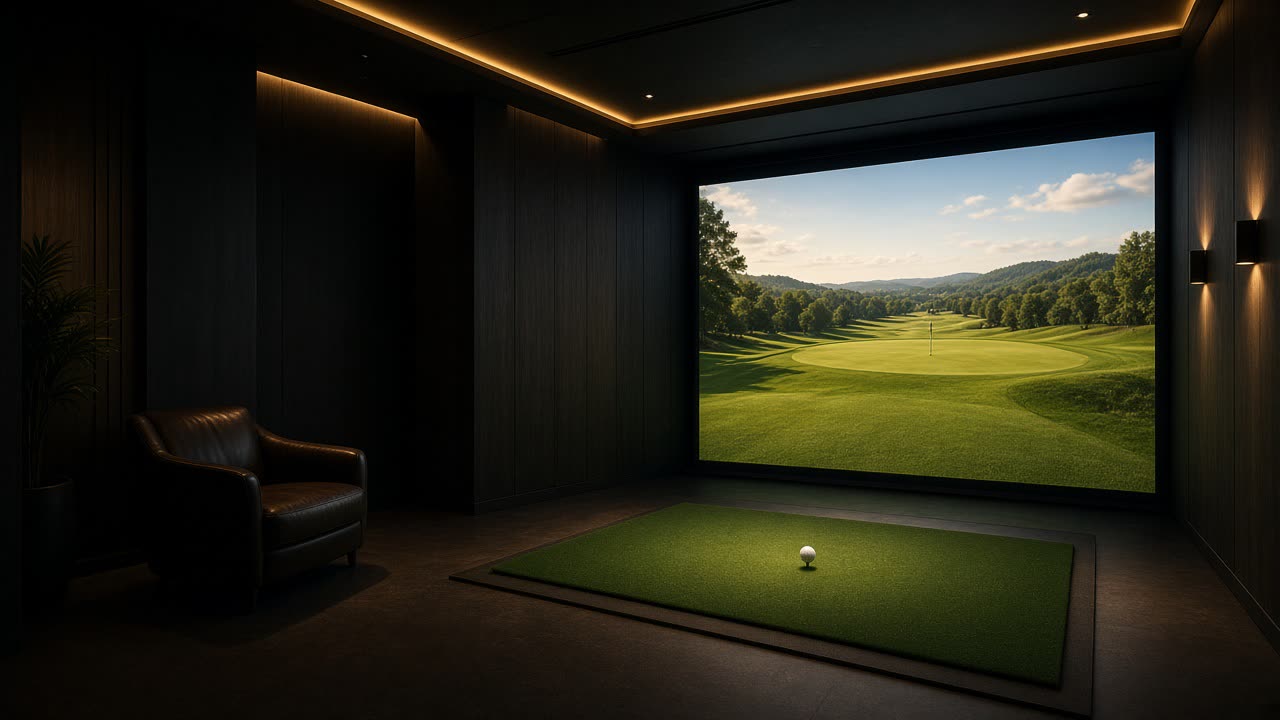 A dark indoor golf simulator bay with warm gold lighting, a hitting mat and an impact screen showing a fairway